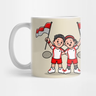 Cute Player Badminton Holding Indonesia Flag Cartoon Mug